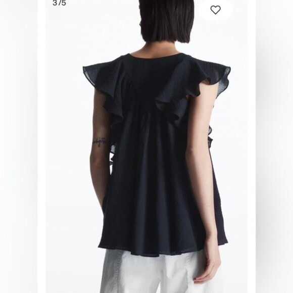 COS Flutter Sleeve Stretch Cotton Sleeveless Blouse – Dark Blue – Size US 6 - Picture 2 of 11